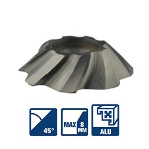 Viisteterä 45 astetta. Viisteen syvyys max. 8mm. Sopii kaikille ei-rautametalleille