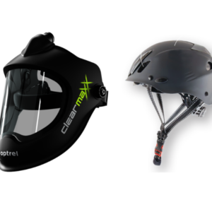 Optrel Clearmaxx PAPR hiontamaski kypärällä. Suuri selkeä näkymä työstökohteeseen. Erittäin ergonominen. Ilmastointi liitännöillä.