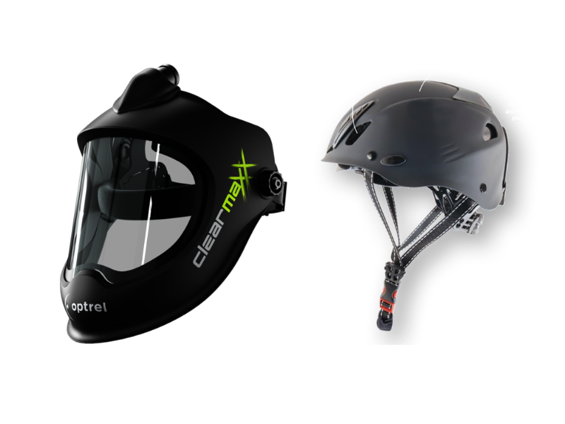 Optrel Clearmaxx PAPR hiontamaski kypärällä. Suuri selkeä näkymä työstökohteeseen. Erittäin ergonominen. Ilmastointi liitännöillä.
