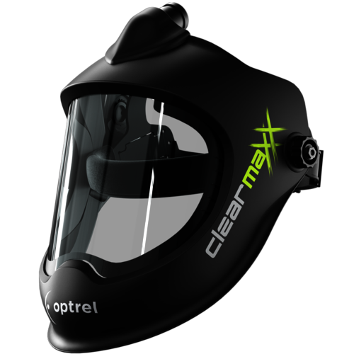 Optrel Clearmaxx PAPR hiontamaski. Suuri selkeä näkymä työstökohteeseen. Erittäin ergonominen. Ilmastointi liitännöillä.