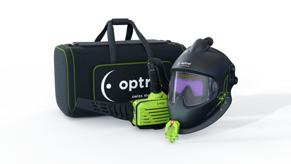 Optrel Panoramaxx raitisilmapaketti. PAPR ﻿(ilmastointi liitännöillä). Panoramaxx-linssiteknologialla on linssi saatu lähemmäksi silmiä