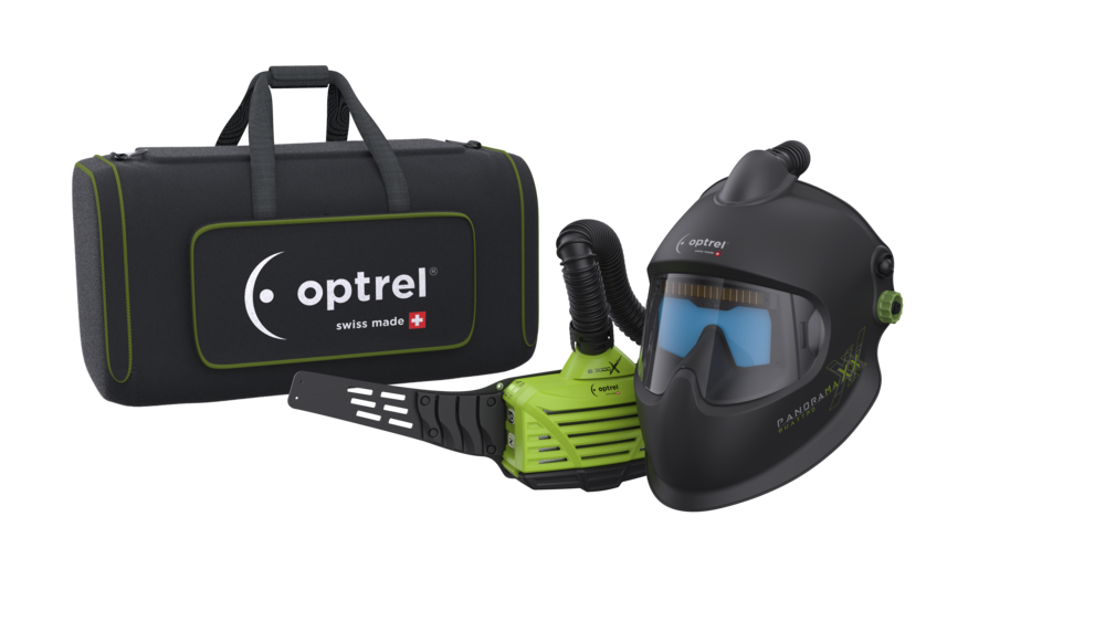 Optrel Panoramaxx Quattro raitisilmapaketti. PAPR ﻿(ilmastointi liitännöillä). Panoramaxx-linssiteknologialla on linssi saatu lähemmäksi silmiä